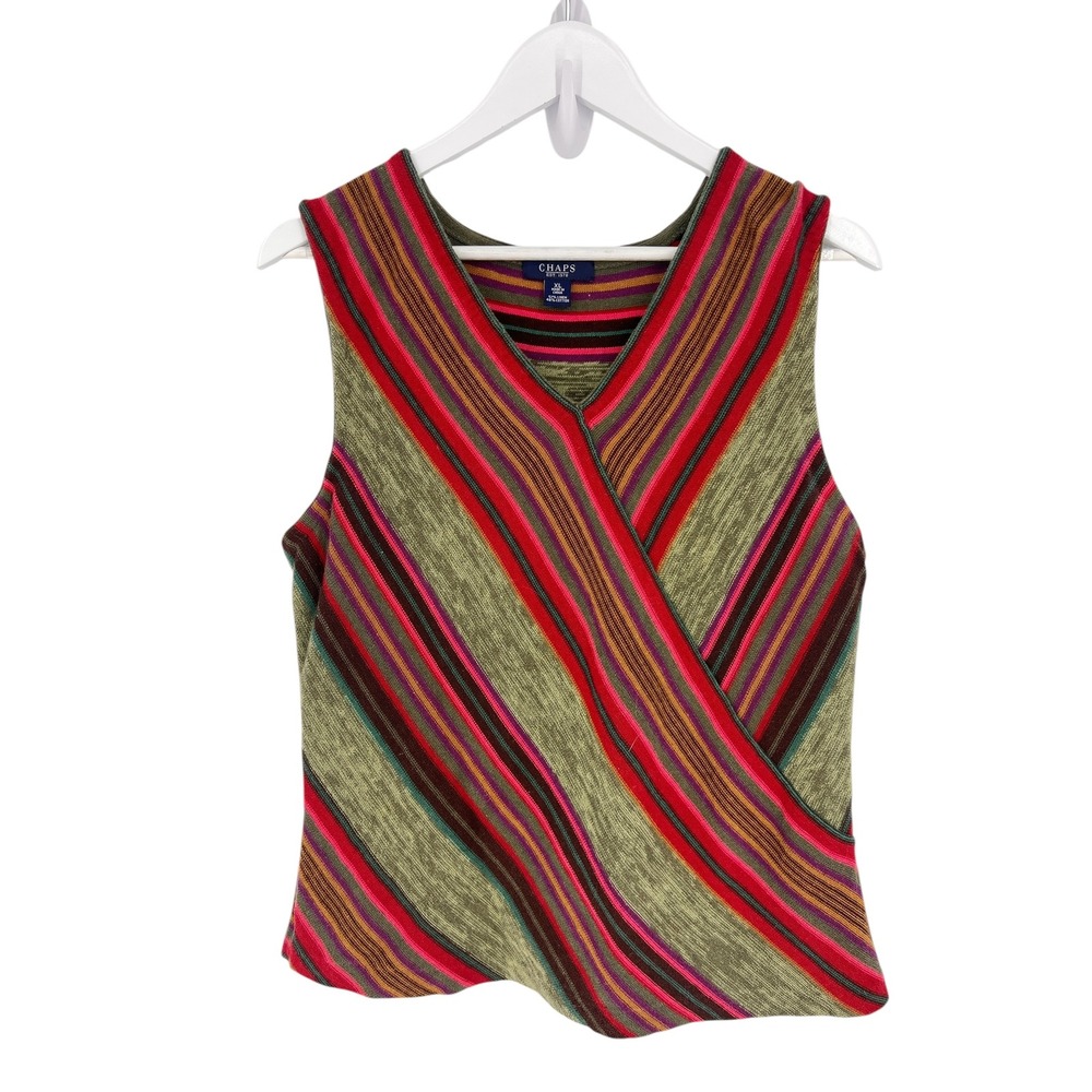 Chaps Womens XL Striped Knit Sleeveless Faux Wrap Top Linen Cotton Multi-Color